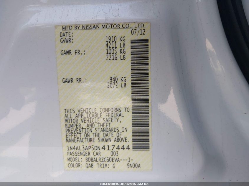 2013 Nissan Altima 2.5 S VIN: 1N4AL3AP5DN417444 Lot: 43250415