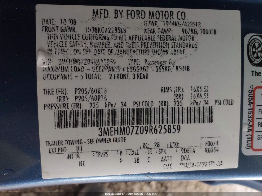 2009 Mercury Milan I4 VIN: 3MEHM07Z09R625859 Lot: 43250417