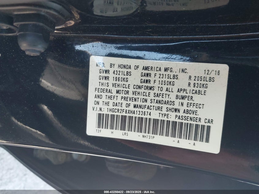 1HGCR2F8XHA133674 2017 HONDA ACCORD photo no. 9