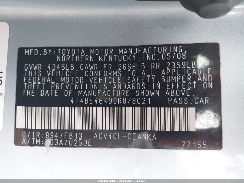 2009 Toyota Camry Le VIN: 4T4BE46K99R078021 Lot: 43250460