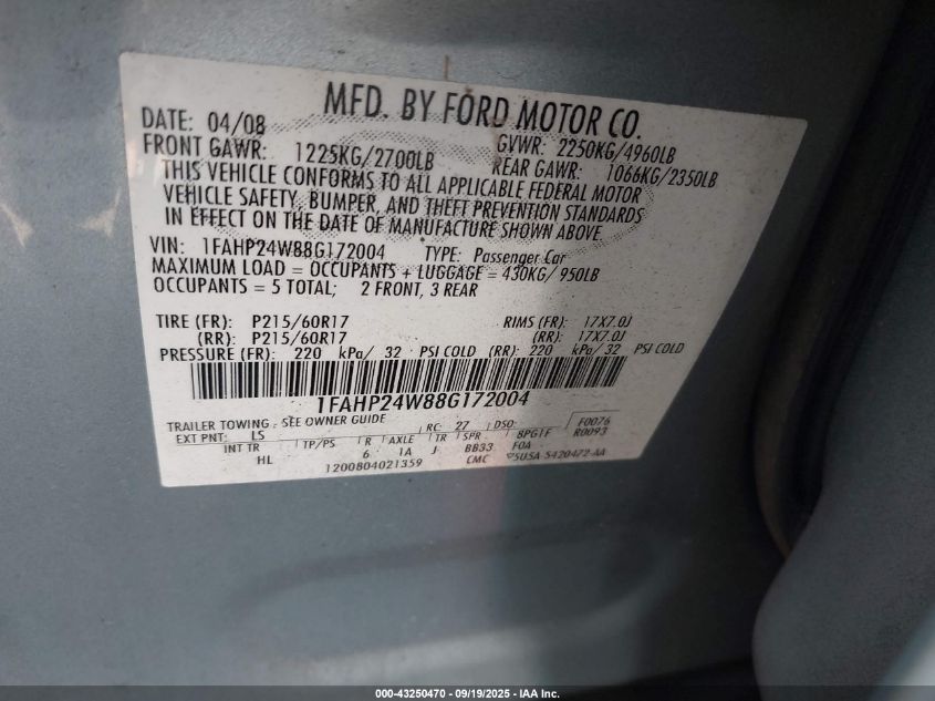 2008 Ford Taurus Sel VIN: 1FAHP24W88G172004 Lot: 43250470