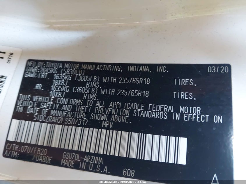 2020 TOYOTA HIGHLANDER L - 5TDCZRAH2LS507317