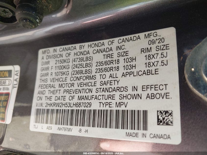 2020 Honda Cr-V Awd Ex VIN: 2HKRW2H53LH687029 Lot: 43250514