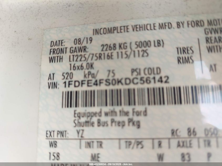 2019 Ford E-450 Cutaway VIN: 1FDFE4FS0KDC56142 Lot: 43250534