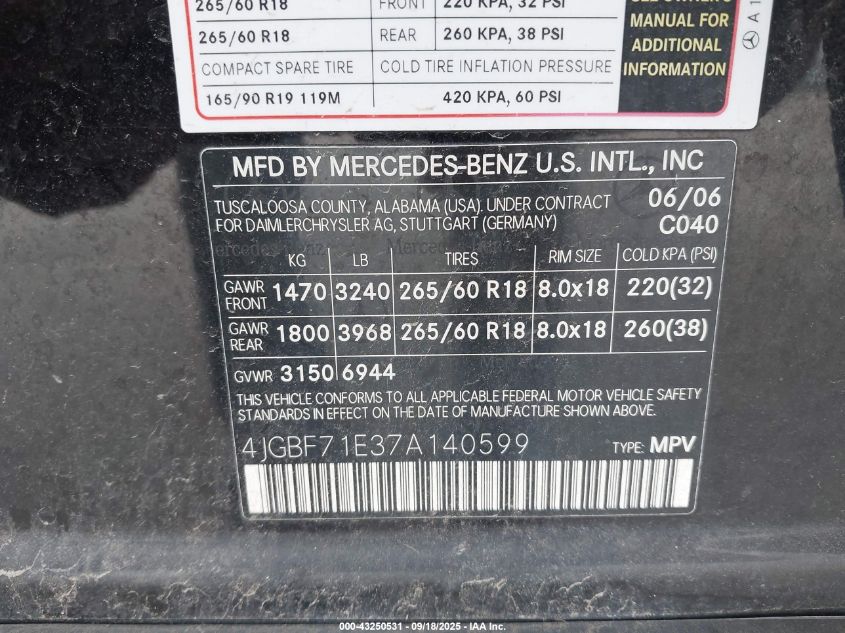 2007 Mercedes-Benz Gl 450 4Matic VIN: 4JGBF71E37A140599 Lot: 43250531