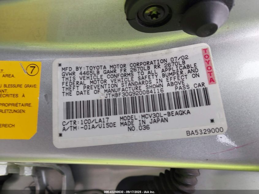 2002 Lexus Es 300 VIN: JTHBF30G920084116 Lot: 43250530