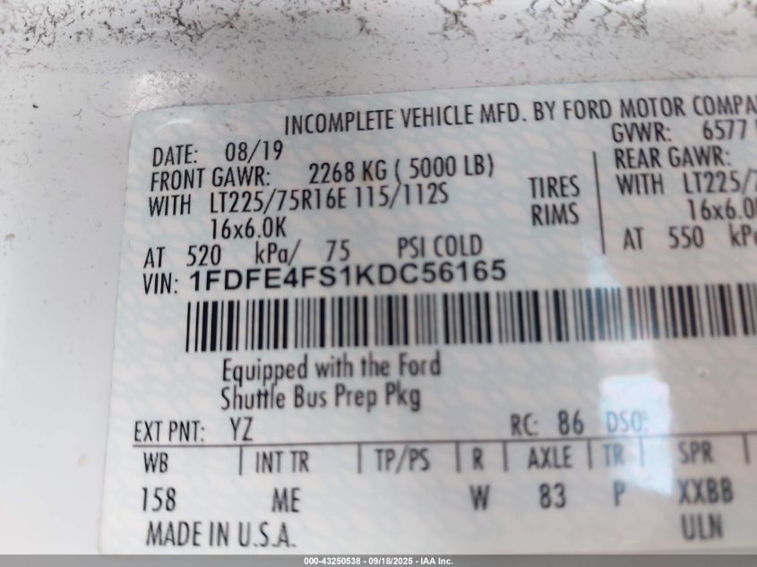 2019 Ford E-450 Cutaway VIN: 1FDFE4FS1KDC56165 Lot: 43250538