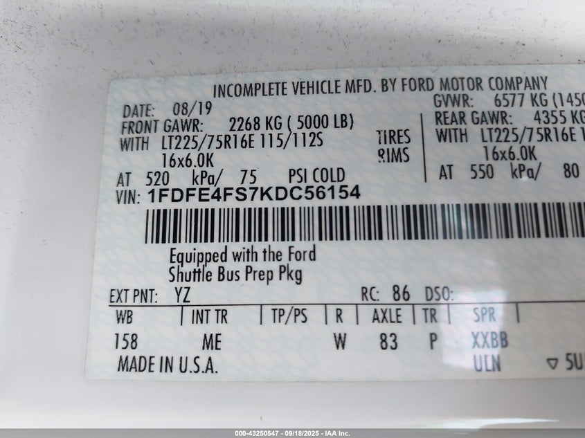 2019 Ford E-450 Cutaway VIN: 1FDFE4FS7KDC56154 Lot: 43250547