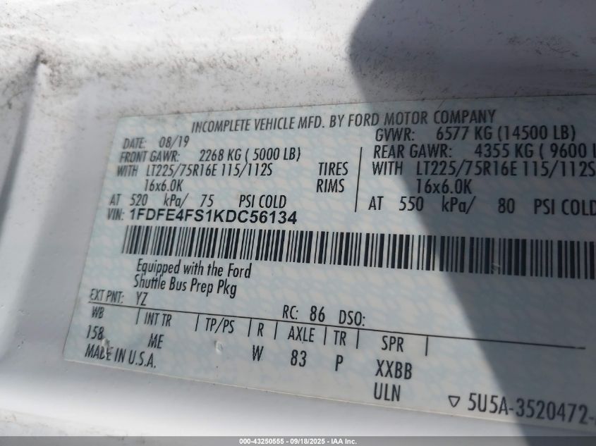 2019 Ford E-450 Cutaway VIN: 1FDFE4FS1KDC56134 Lot: 43250555