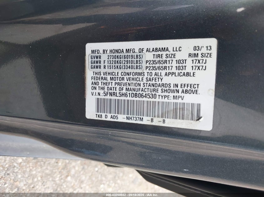 2013 Honda Odyssey Ex-L VIN: 5FNRL5H61DB064530 Lot: 43250552