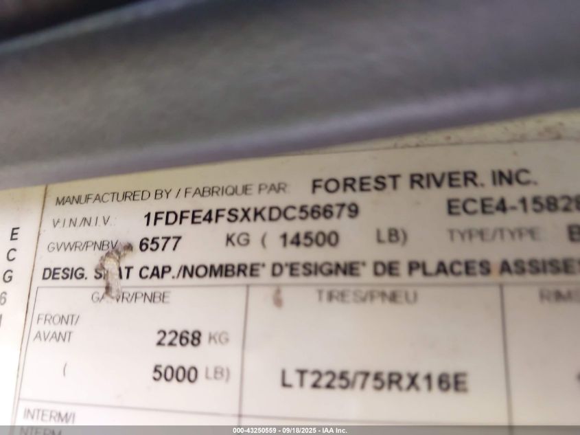 2019 Ford E-450 Cutaway VIN: 1FDFE4FSXKDC56679 Lot: 43250559