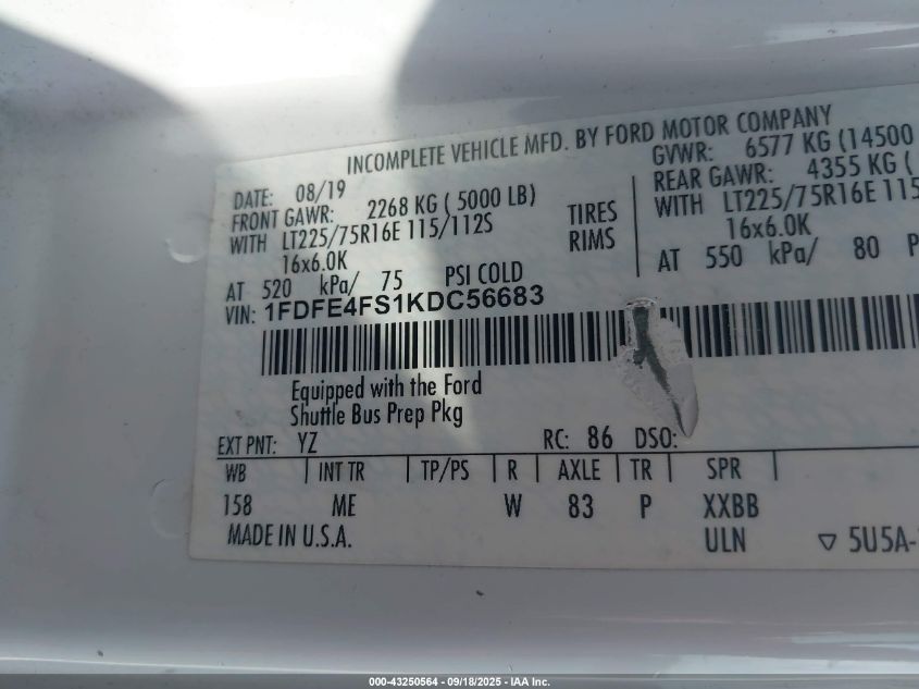 2019 Ford E-450 Cutaway VIN: 1FDFE4FS1KDC56683 Lot: 43250564