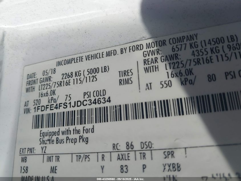 2018 Ford E-450 Cutaway VIN: 1FDFE4FS1JDC34634 Lot: 43250568