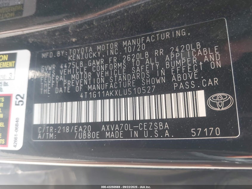 2020 TOYOTA CAMRY SE - 4T1G11AKXLU510527