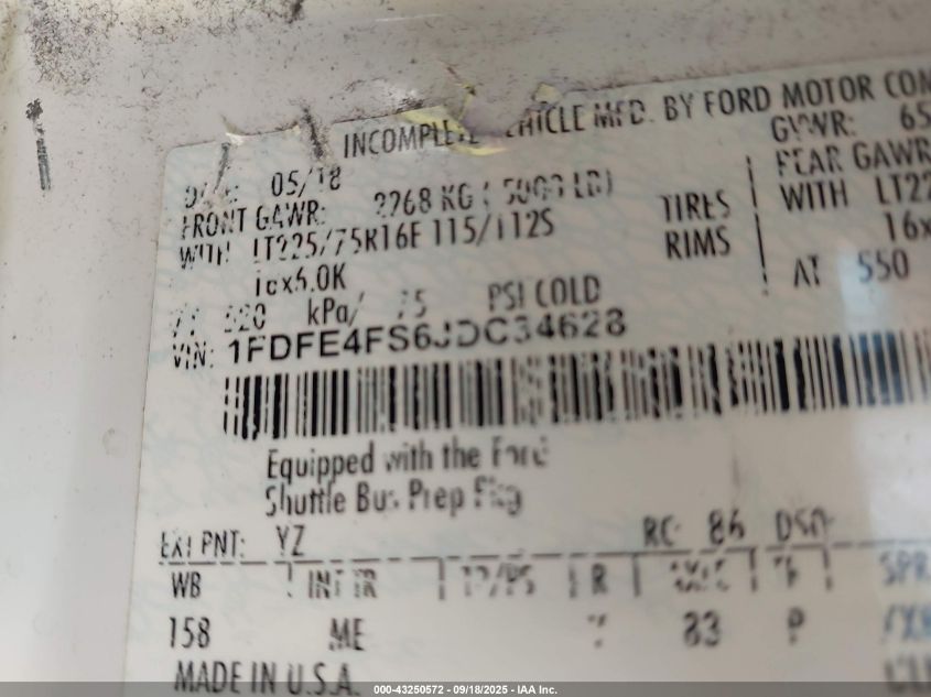 2018 Ford E-450 Cutaway VIN: 1FDFE4FS6JDC34628 Lot: 43250572