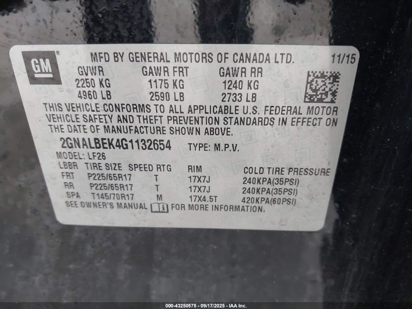 2016 Chevrolet Equinox Ls VIN: 2GNALBEK4G1132654 Lot: 43250575