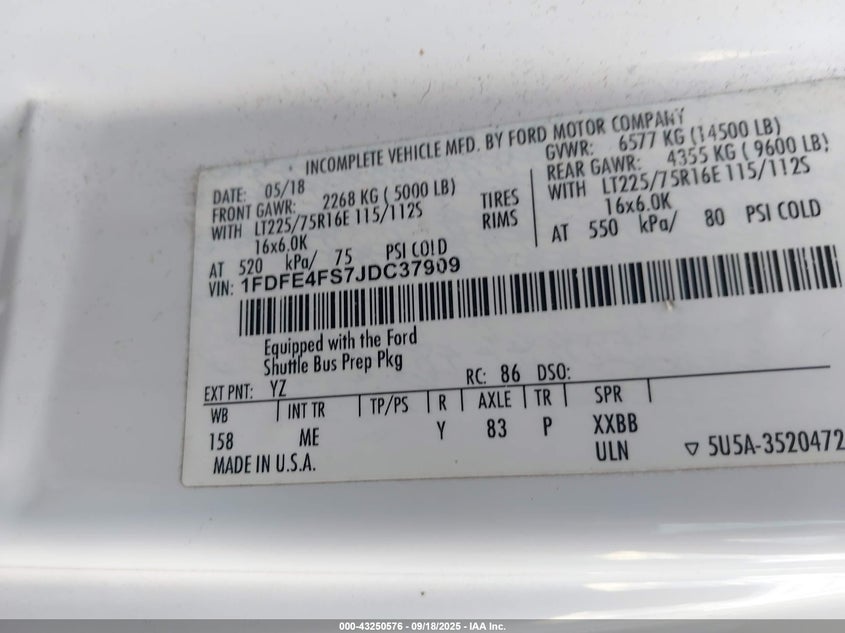 2018 Ford E-450 Cutaway VIN: 1FDFE4FS7JDC37909 Lot: 43250576
