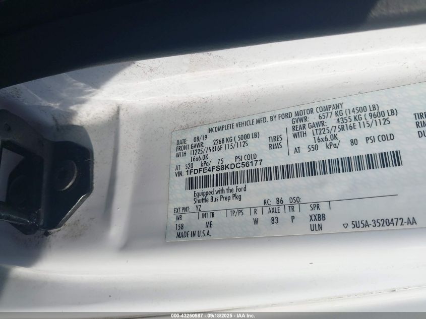 2019 Ford E-450 Cutaway VIN: 1FDFE4FS8KDC56177 Lot: 43250587