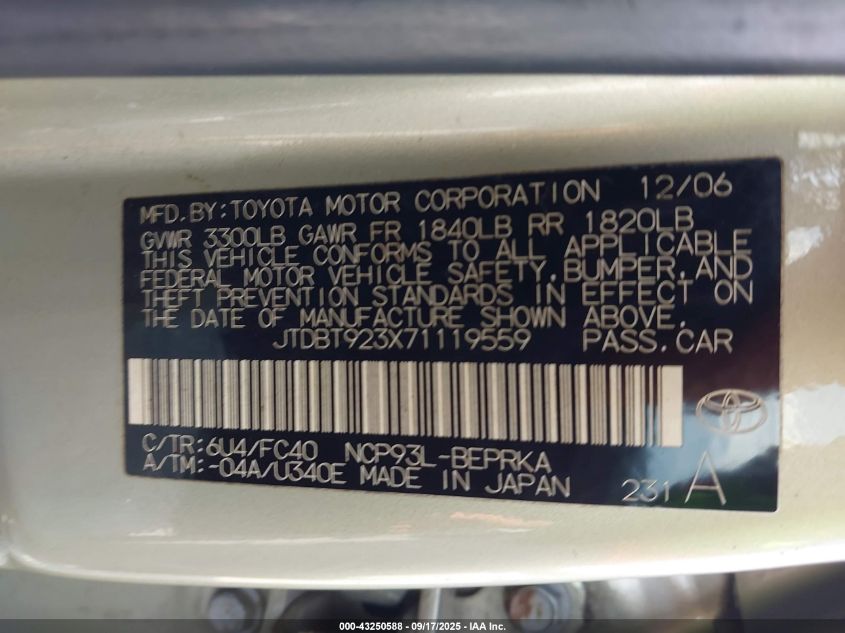 2007 Toyota Yaris VIN: JTDBT923X71119559 Lot: 43250588