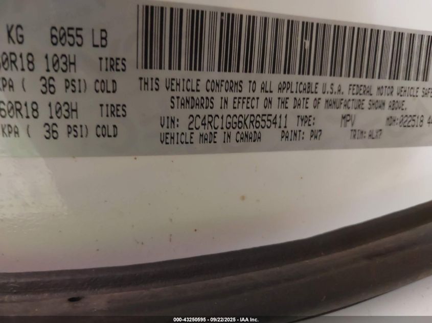 2019 Chrysler Pacifica Limited VIN: 2C4RC1GG6KR655411 Lot: 43250595