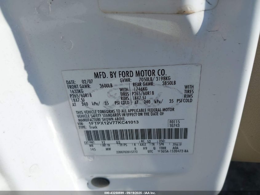 2007 Ford F-150 Lariat/Stx/Xl/Xlt VIN: 1FTPX12V77KC41013 Lot: 43250599