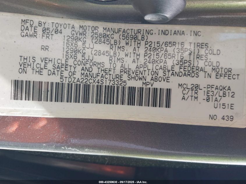 2004 Toyota Sienna Xle VIN: 5TDZA22CX4S173325 Lot: 43250630