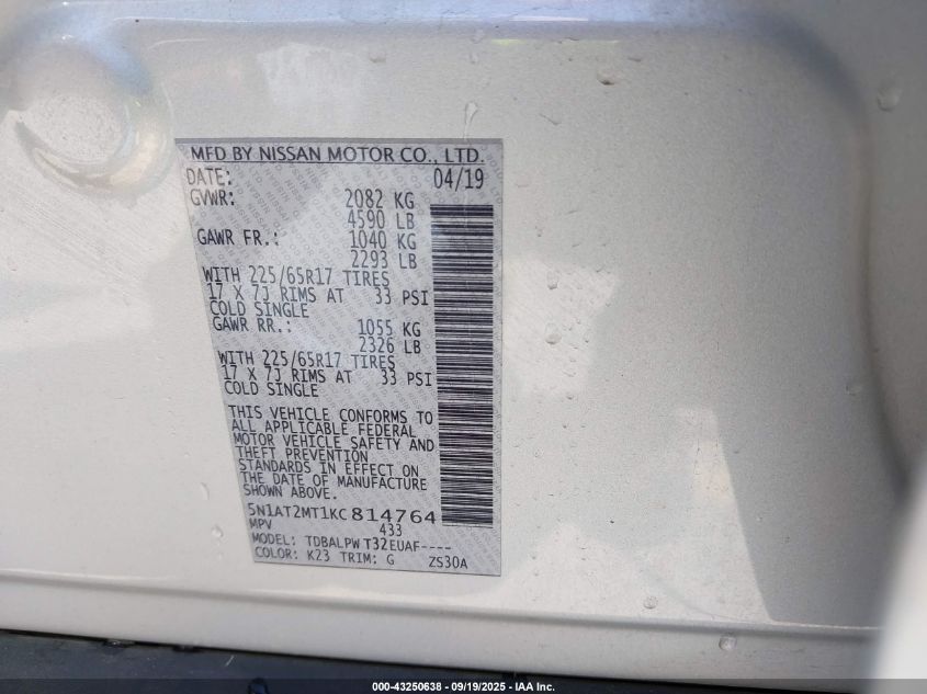 2019 Nissan Rogue S VIN: 5N1AT2MT1KC814764 Lot: 43250638