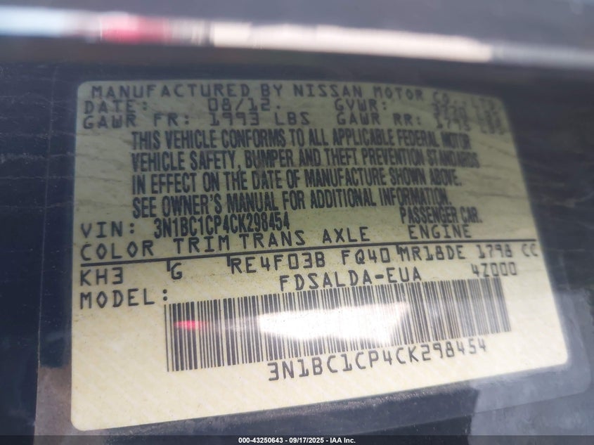 2012 Nissan Versa 1.8 S VIN: 3N1BC1CP4CK298454 Lot: 43250643