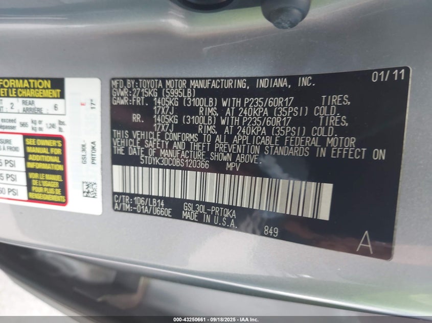 2011 Toyota Sienna Xle V6/Xle V6 Auto Access Seat VIN: 5TDYK3DC0BS120366 Lot: 43250661