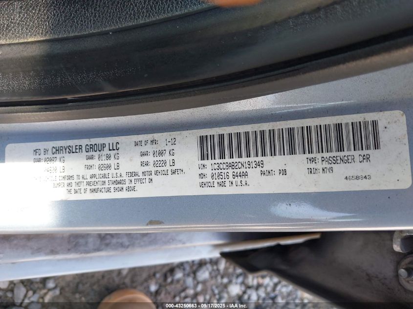 2012 Chrysler 200 Lx VIN: 1C3CCBAB2CN191349 Lot: 43250663