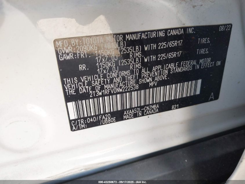 2022 Toyota Rav4 Xle VIN: 2T3W1RFV0NW222538 Lot: 43250673