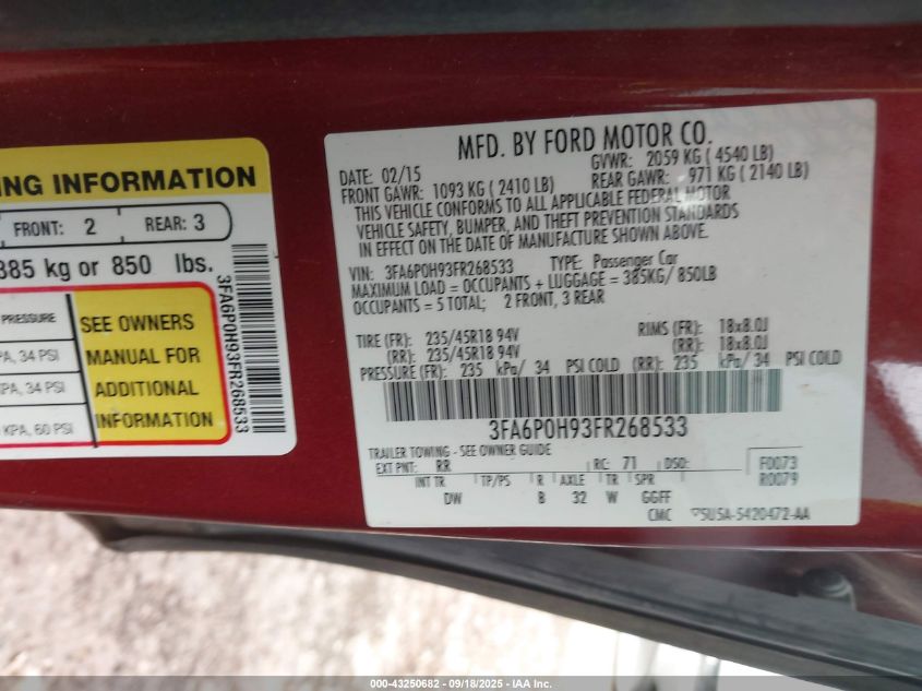 2015 Ford Fusion Se VIN: 3FA6P0H93FR268533 Lot: 43250682