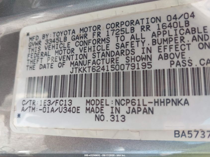 2005 Scion Xa VIN: JTKKT624150079195 Lot: 43250693