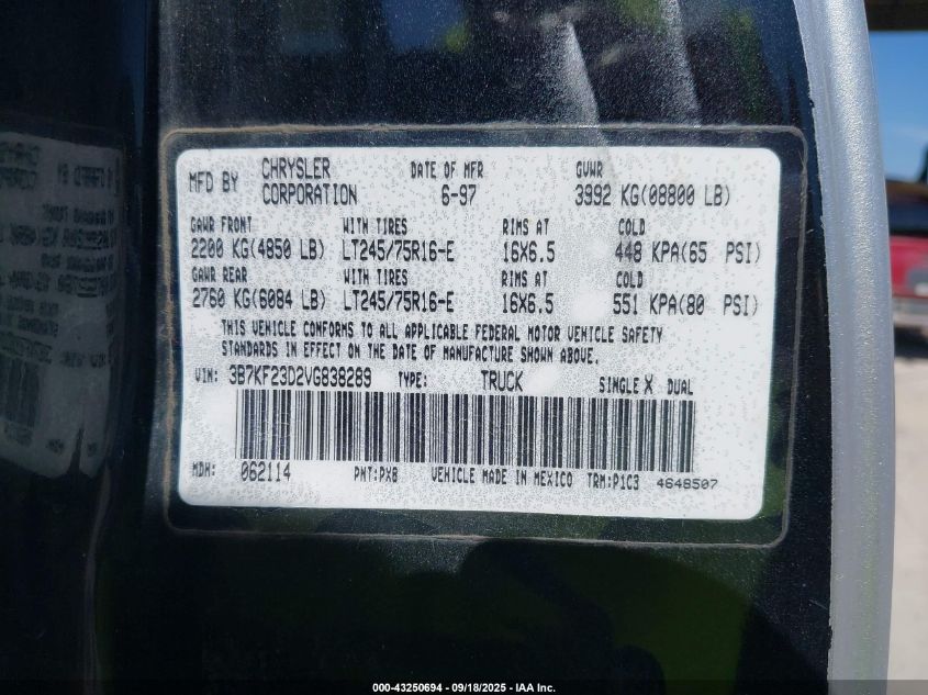 1997 Dodge Ram 2500 St VIN: 3B7KF23D2VG838289 Lot: 43250694