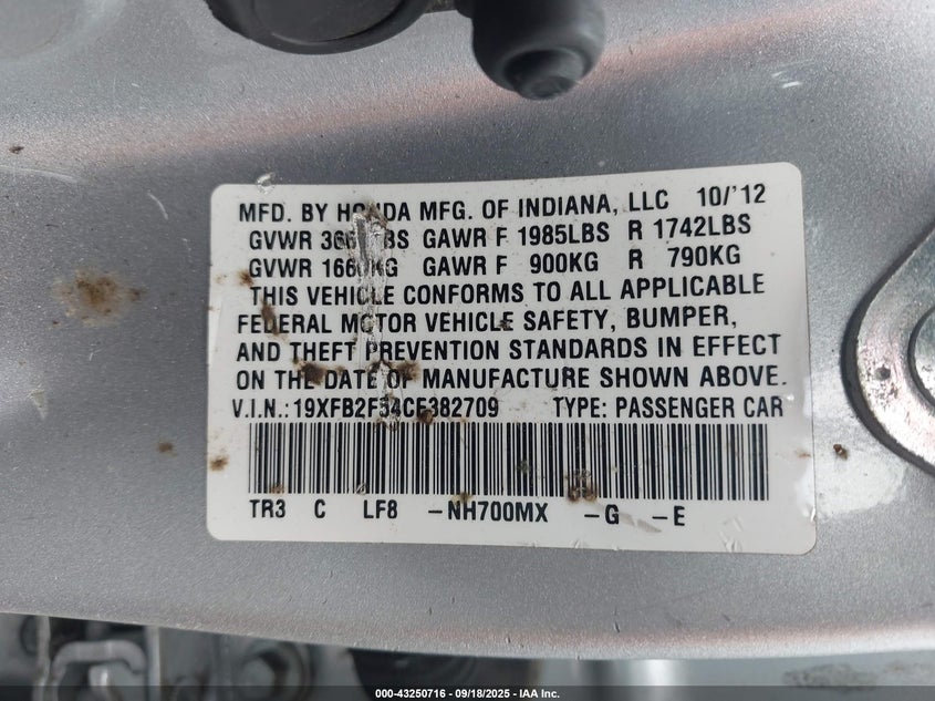 2012 Honda Civic Lx VIN: 19XFB2F54CE382709 Lot: 43250716