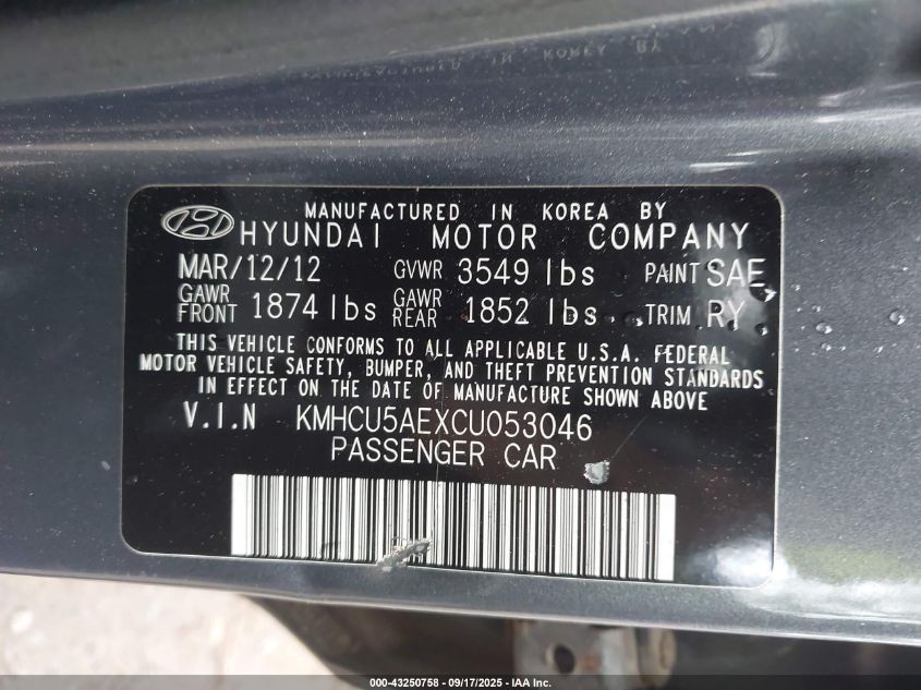 2012 Hyundai Accent Se VIN: KMHCU5AEXCU053046 Lot: 43250758