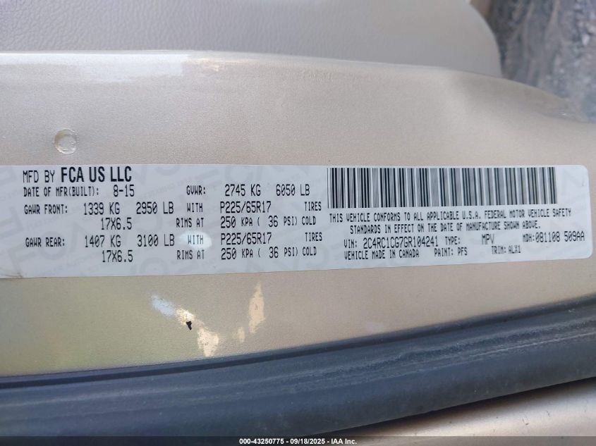 2016 Chrysler Town & Country Touring-L Anniversary Edition VIN: 2C4RC1CG7GR104241 Lot: 43250775