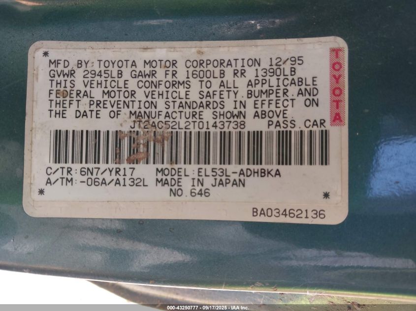 1996 Toyota Tercel Std/Dx VIN: JT2AC52L2T0143738 Lot: 43250777