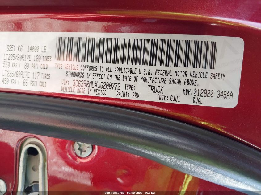 2018 Ram 3500 Laramie 4X4 6'4 Box VIN: 3C63RRMLXJG200772 Lot: 43250789
