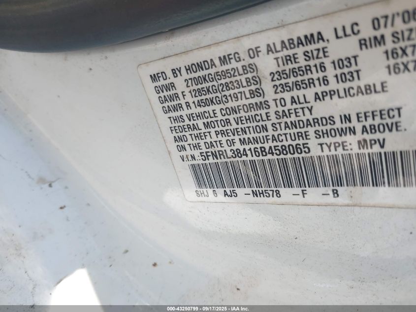 2006 Honda Odyssey Ex VIN: 5FNRL38416B458065 Lot: 43250799