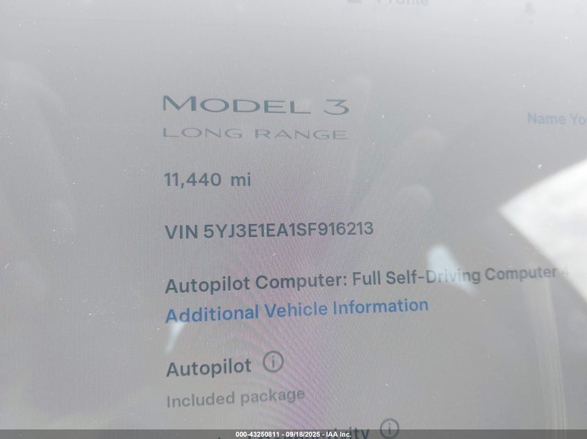 2025 Tesla Model 3 Long Range Rear-Wheel Drive VIN: 5YJ3E1EA1SF916213 Lot: 43250811