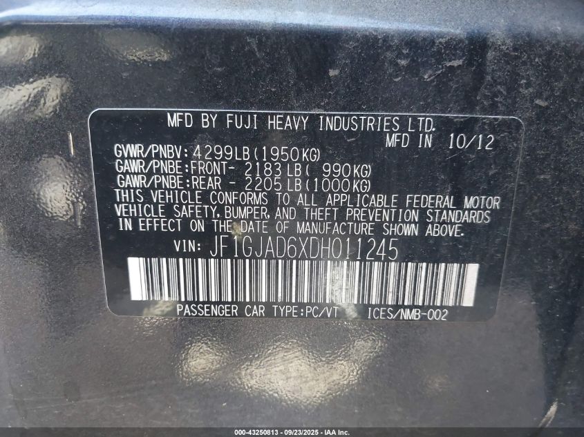 2013 Subaru Impreza 2.0I Premium VIN: JF1GJAD6XDH011245 Lot: 43250813