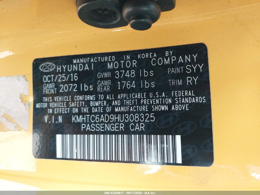 2017 Hyundai Veloster VIN: KMHTC6AD9HU308325 Lot: 43250817