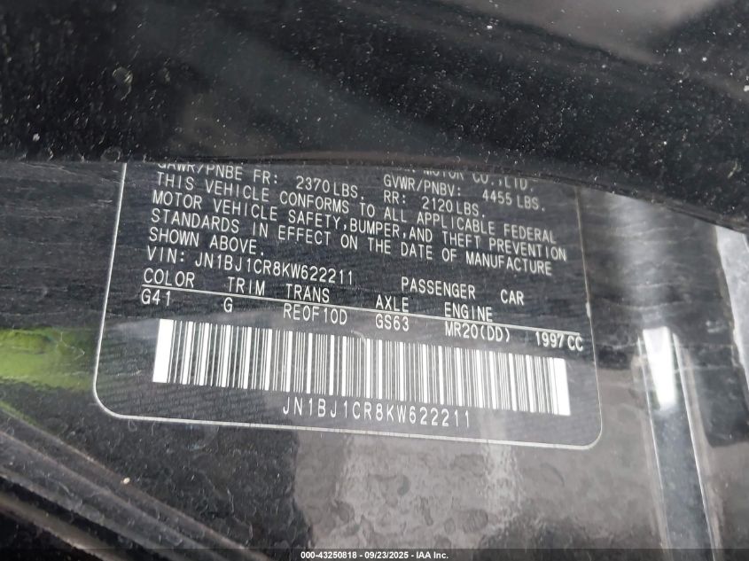 2019 Nissan Rogue Sport Sv VIN: JN1BJ1CR8KW622211 Lot: 43250818