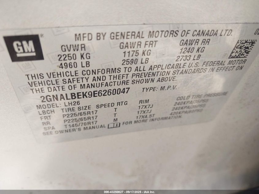 2014 Chevrolet Equinox 1Lt VIN: 2GNALBEK9E6260047 Lot: 43250827