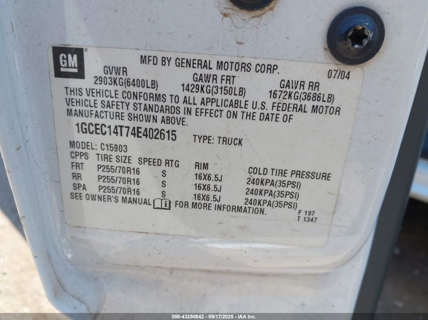 2004 Chevrolet Silverado 1500 Ls VIN: 1GCEC14T74E402615 Lot: 43250842