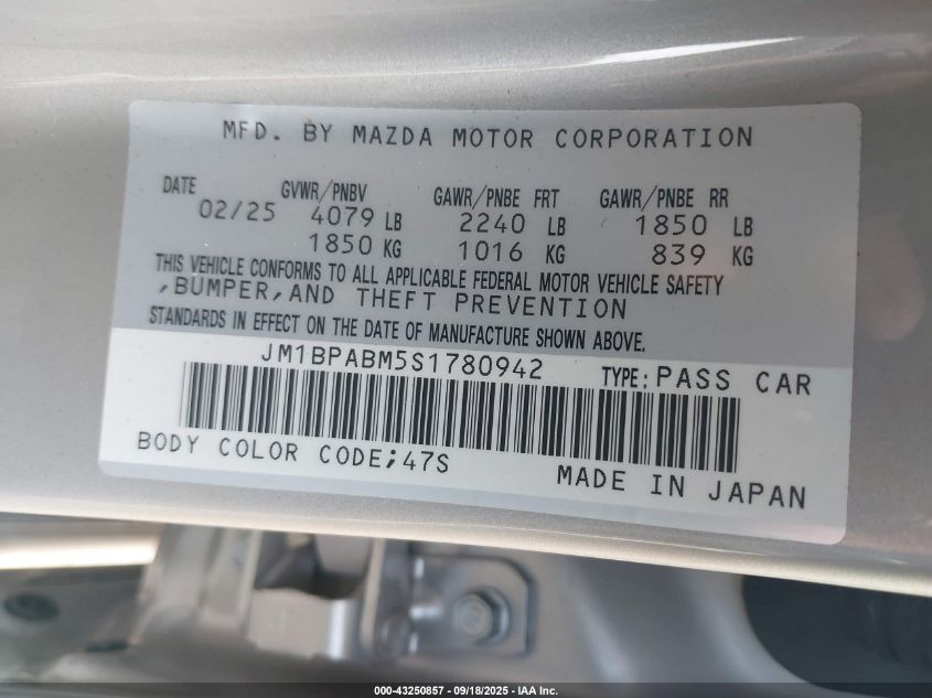 2025 Mazda Mazda3 2.5 S Select Sport VIN: JM1BPABM5S1780942 Lot: 43250857