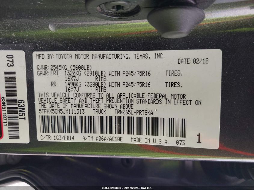 2018 Toyota Tacoma Double Cab/Sr/Sr5 VIN: 5TFAX5GN5JX111313 Lot: 43250860