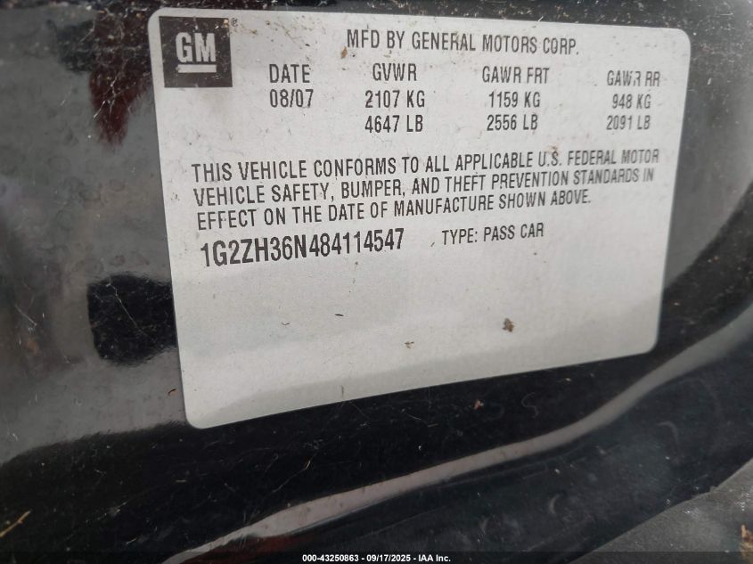2008 Pontiac G6 Gt VIN: 1G2ZH36N484114547 Lot: 43250863