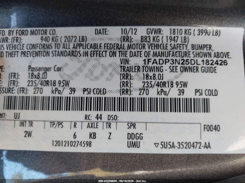 2013 Ford Focus Titanium VIN: 1FADP3N25DL182426 Lot: 43250889
